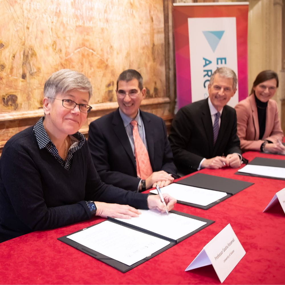 Professor Sasha Roseneil from the University of Sussex signs MOU to join Eastern Arc watched by Professor Anthony Forster, Professor David Maguire and Professor Karen Cox