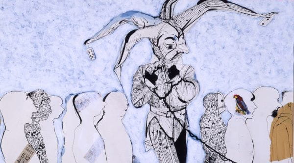 [16:59] Stephens, Alexandra L An outline drawing of people walking in one direction with abstract character in the centre placed in handcuffs