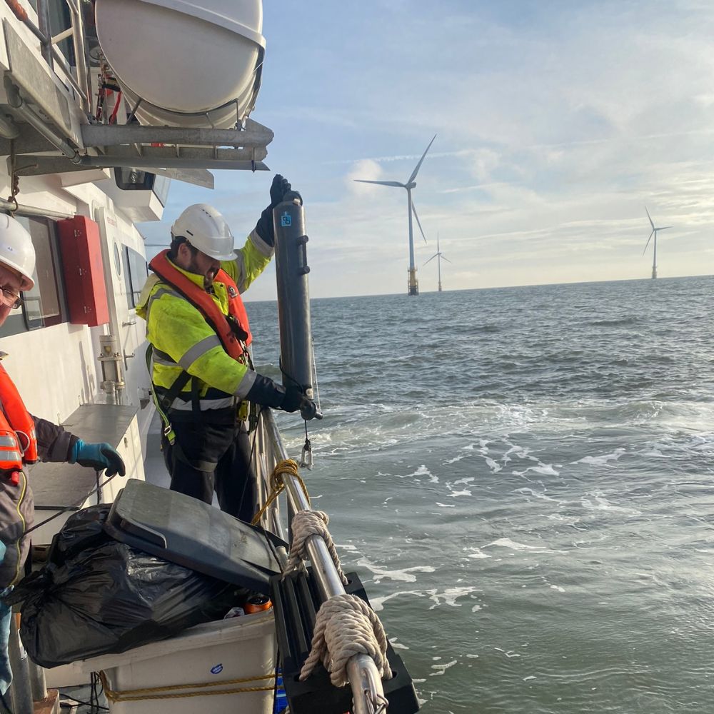 A researcher examines samples by a wind farm