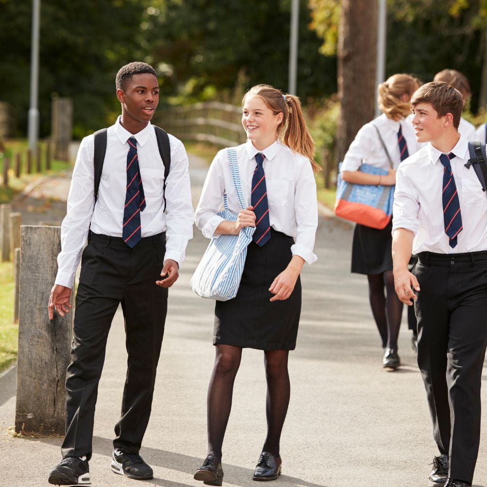 schoolchildren in uniform walking along path