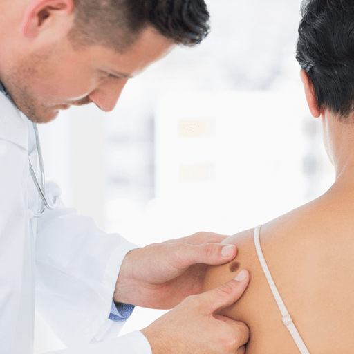 A doctor examining a skin lesion on a patient's shoulder