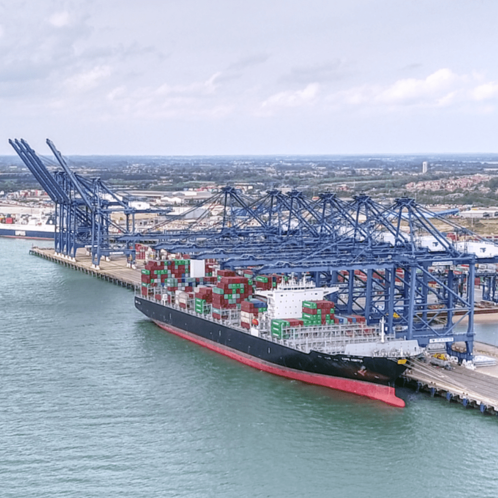 General view of ship docked at Freeport East