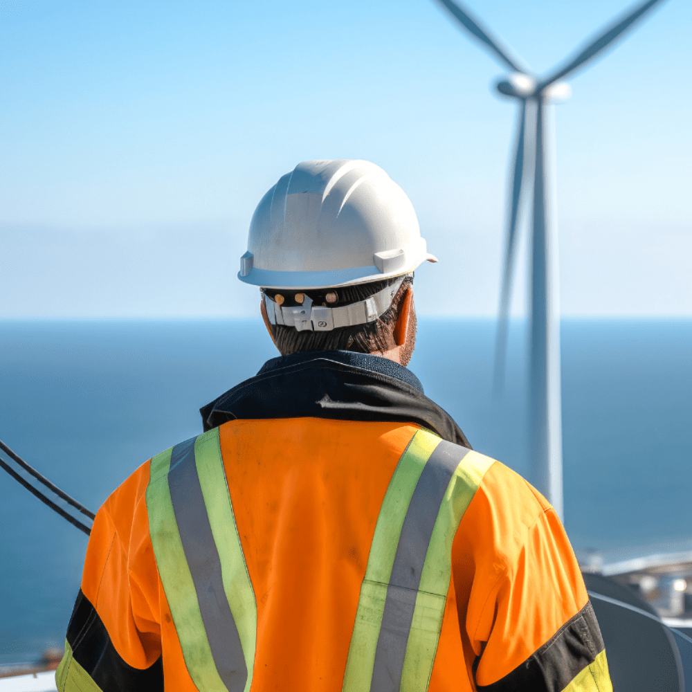 A worker at Freeport East looks out over a solar wind farm