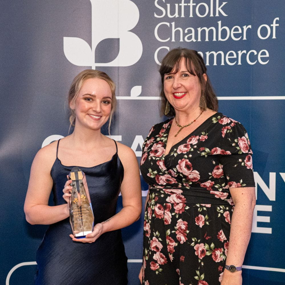 Caitlin Barker receives her Apprentice of the Year Award at the East Suffolk Chamber of Commerce Annual Business Awards