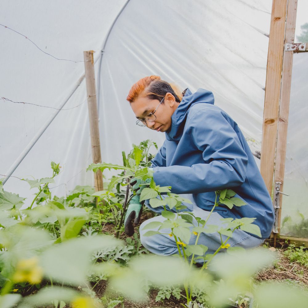 student in greenhouse