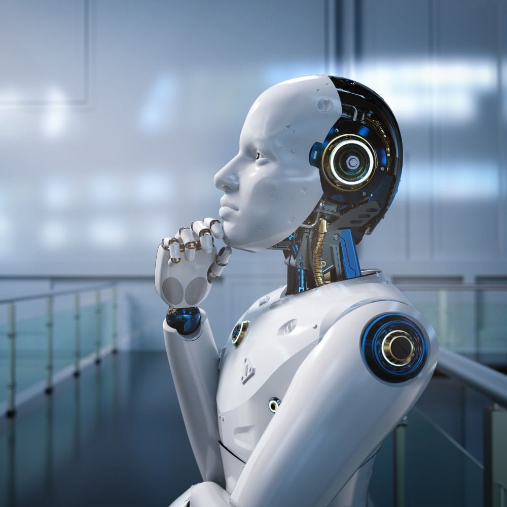 AI creativity - a robot ponders a question in a sterile sci-fi environment