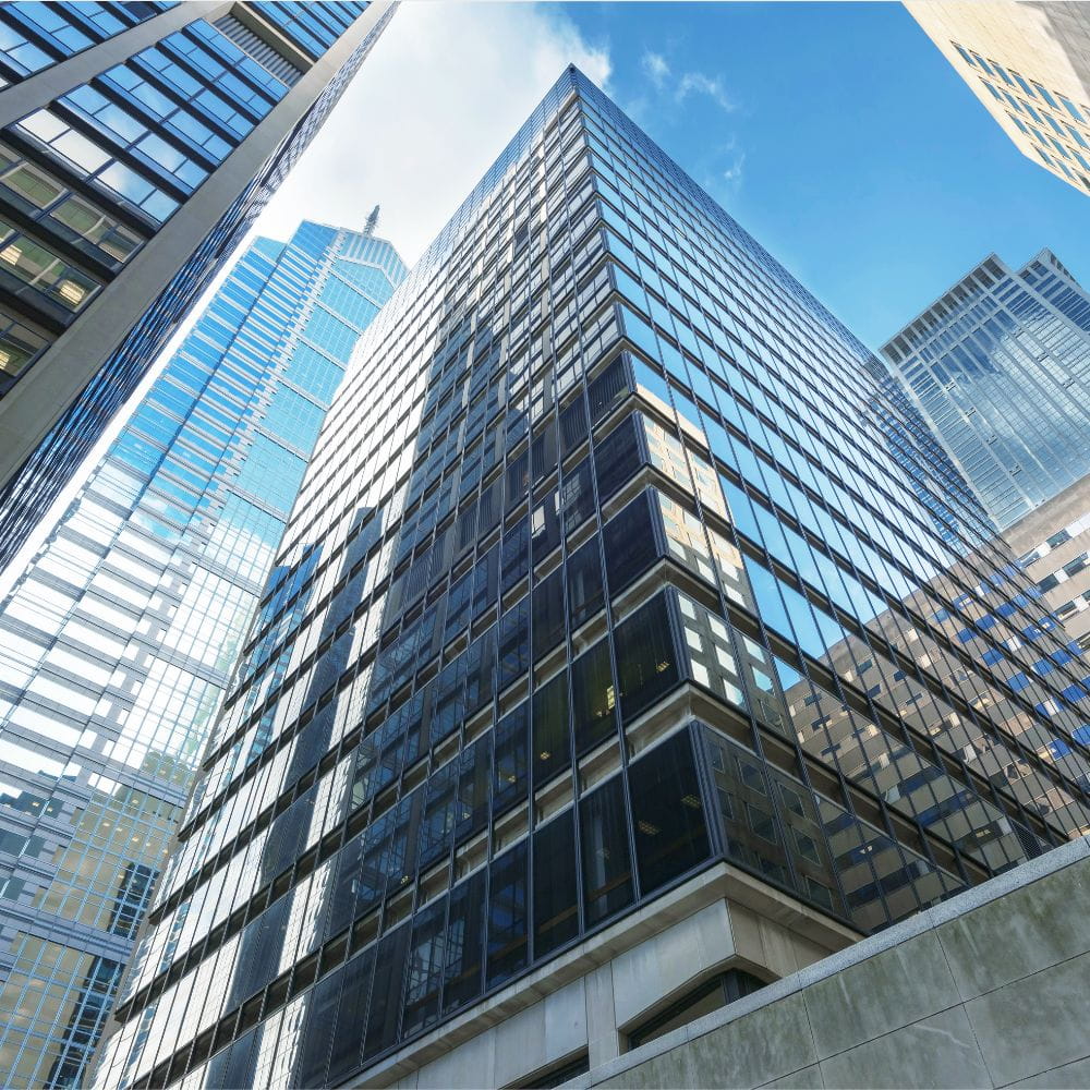 Looking upwards at skyscrapers