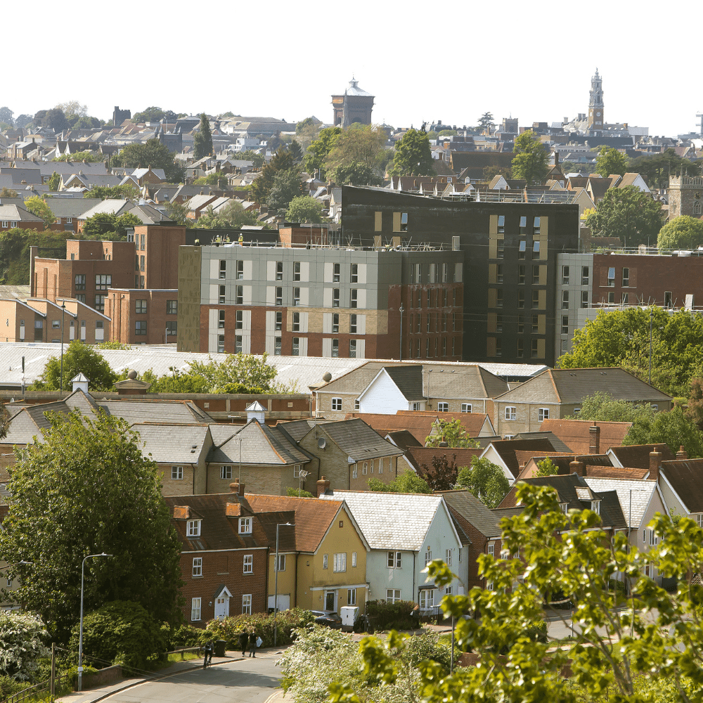 A general view of housing across Colchester, with the Town Hall and Jumbo in the background