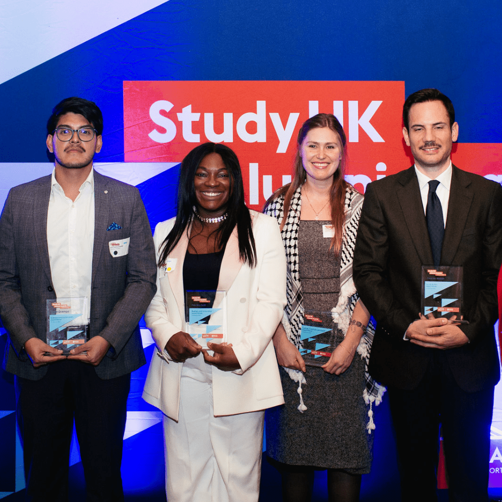 Winners of Study UK Alumni Awards in France with Essex graduates Priscilla Petit-Tishbemba (centre left) and Dr Sofie Qwarnstrom (centre right)