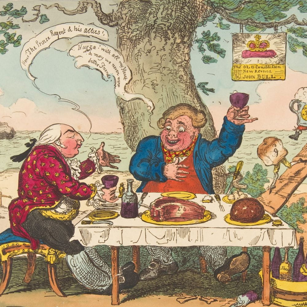 Peace and Plenty or Good News for John Bull!!!, print, George Cruikshank, after George Humphrey (MET, 24.63.265) showing two wealthy people ejoying a succulent meal.