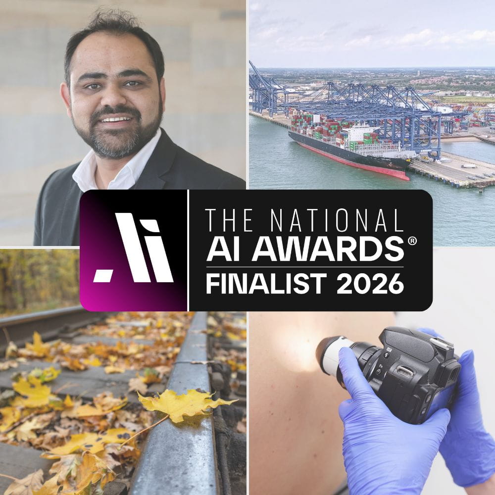 Dr Haider Raza, a photo of Felixstowe Port, A skin cancer assessment and some leaves on a railway line, with the National AI Awards logo over the top.