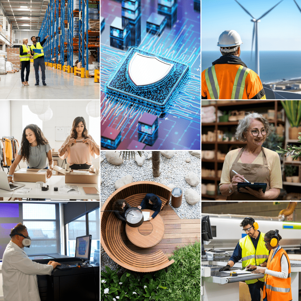 A collage of photos showing people working in logistics in high-viz vests, people sat at a desk and working on laptops and an aerial view of the inside of Essex Business School