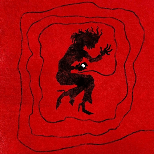 A silhouette drawing on a woman holding a phone on a red background. Poster for the play MARA