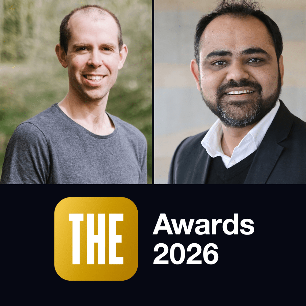 Chris Spice and Dr Haider Raza above logo for Times Higher Education Awards 2026