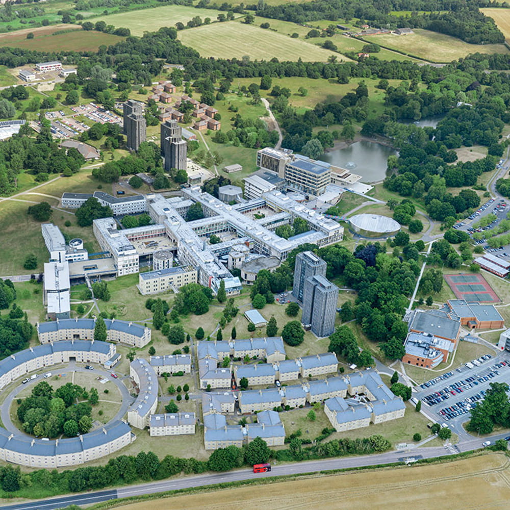 Aerial shot of the University of Essex's Colchester Campus