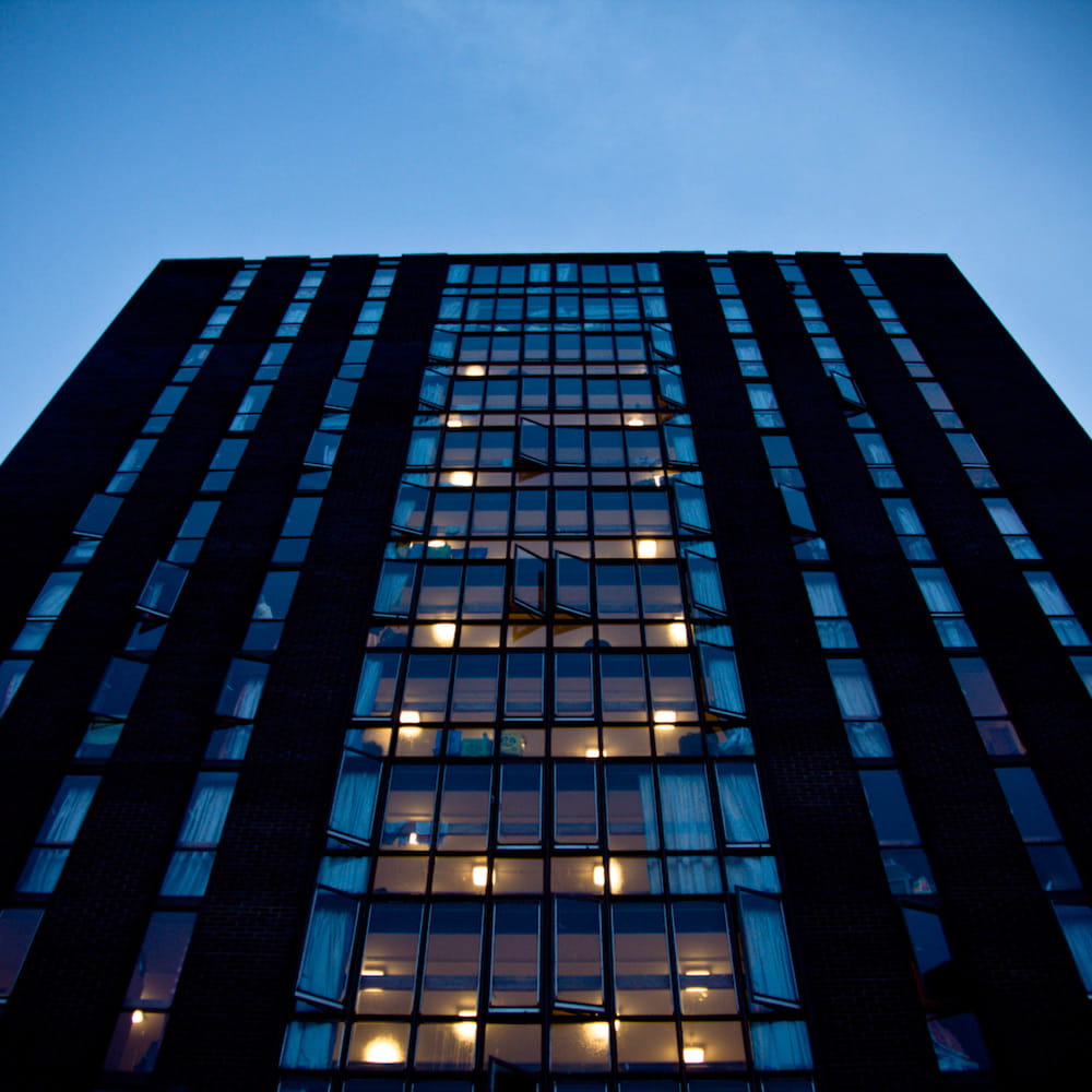 The Towers accommodation at night