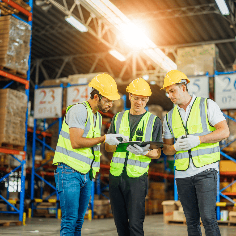 Three warehouse logistic workers in discussion