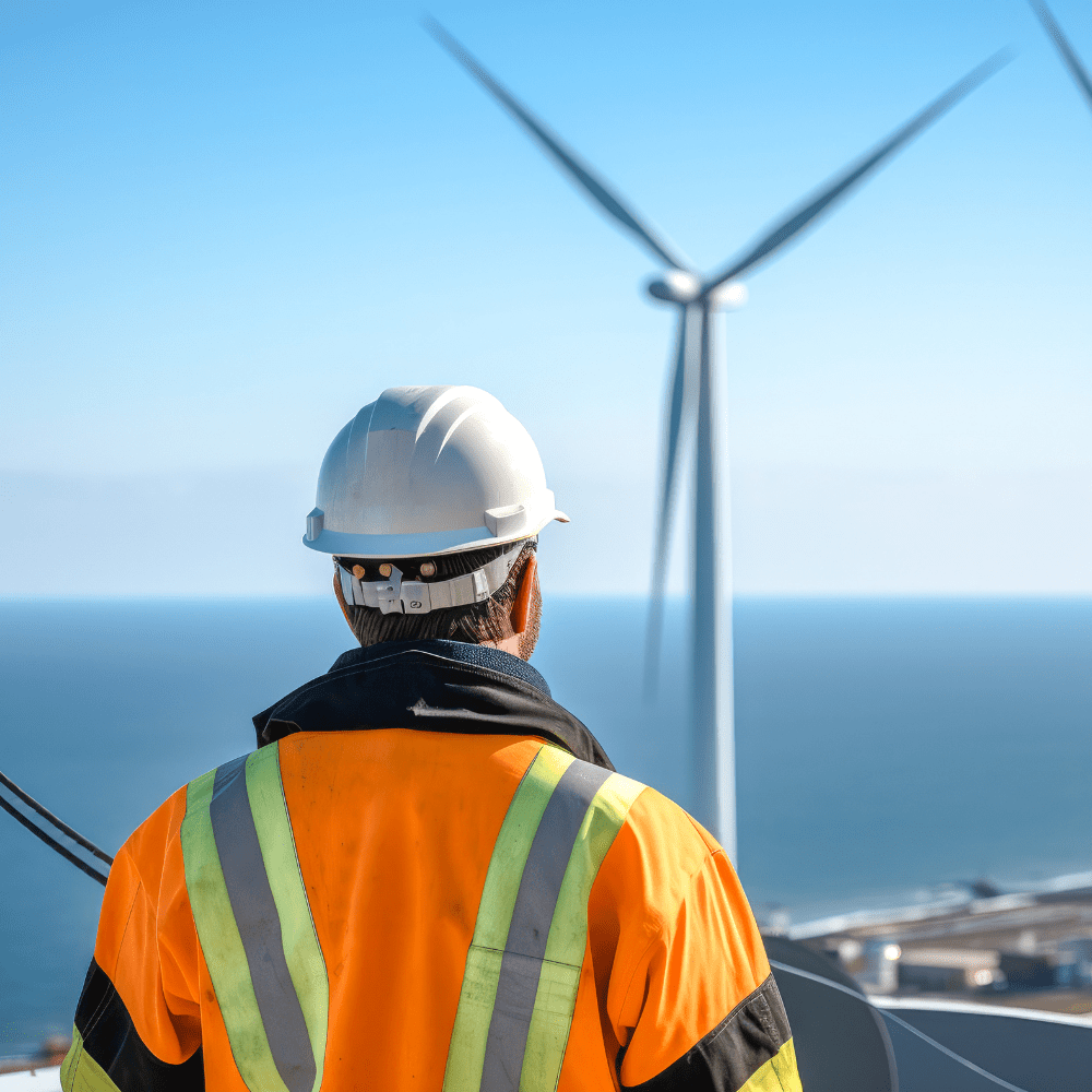 Wind farm worker looking out at the turbines at sea