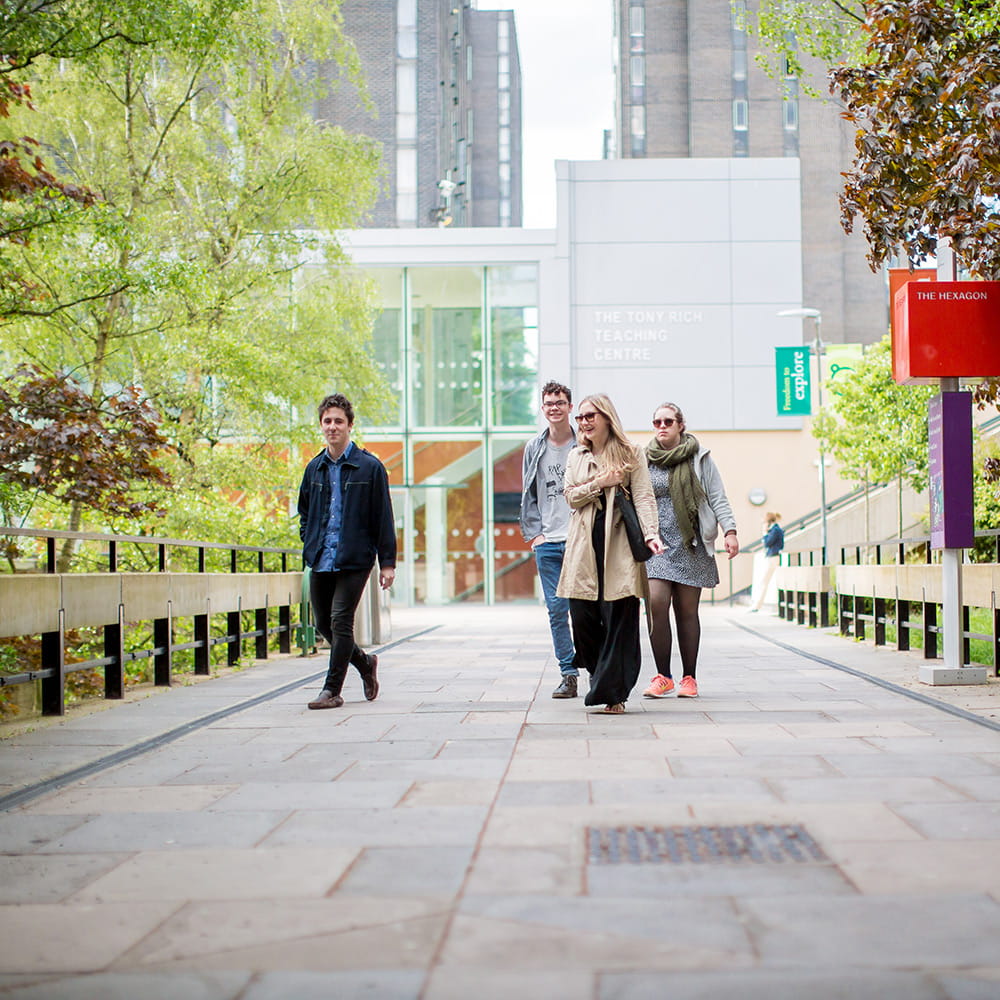 Mixed group of four students walking along a pathway from the Tony Rich Teaching Centre towards the Hex.