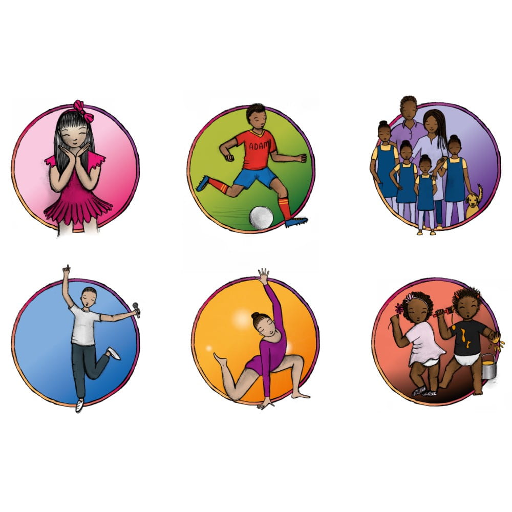 Six drawings of child "influencers". The top row shows Bea, Adam, and the Ayad family. The bottom row shows Cole, Flick, and the twins Demi and Denise.