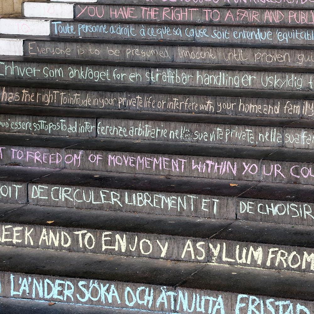 University steps chalked with human rights declaration