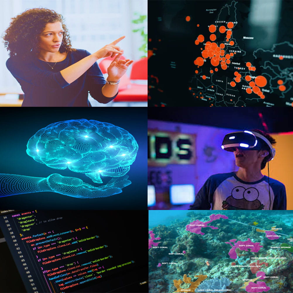 A group of 6 images; a woman gesturing as she talks, a map of Europe with orange "hotspots", a person wearing a VR headset, a photo of a coral reef with patterns overlaid t, a screen displaying some computer code, and a digital image of a hand holding out a brain, both made of blue light.