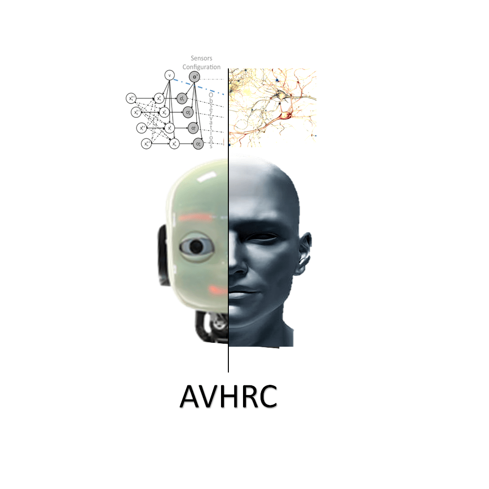 In the middle is a head with a robot face on the left and a human face on the right. Above is a circuit on the left and electric signals from the human brain on the right. Underneath are the letters "AVHRC" in black text.