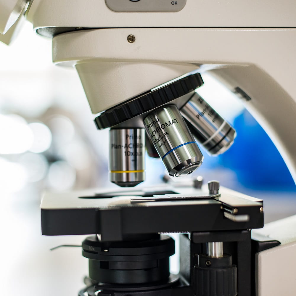 A photo of the middle of a microscope, showing the three objectives lenses, the mechanical stage where samples are placed, and the top of the illuminator underneath.