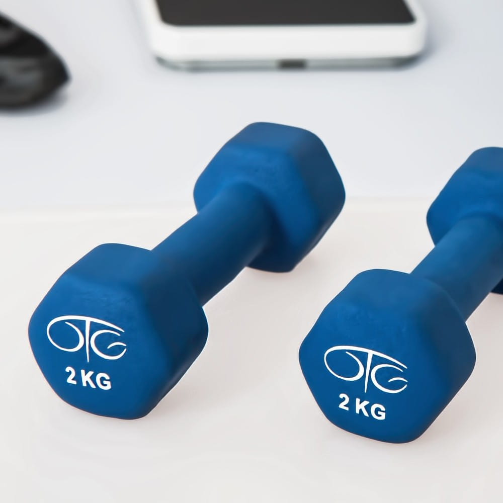 A pair of small handheld weights in blue, with "2 kg" on the end in white.