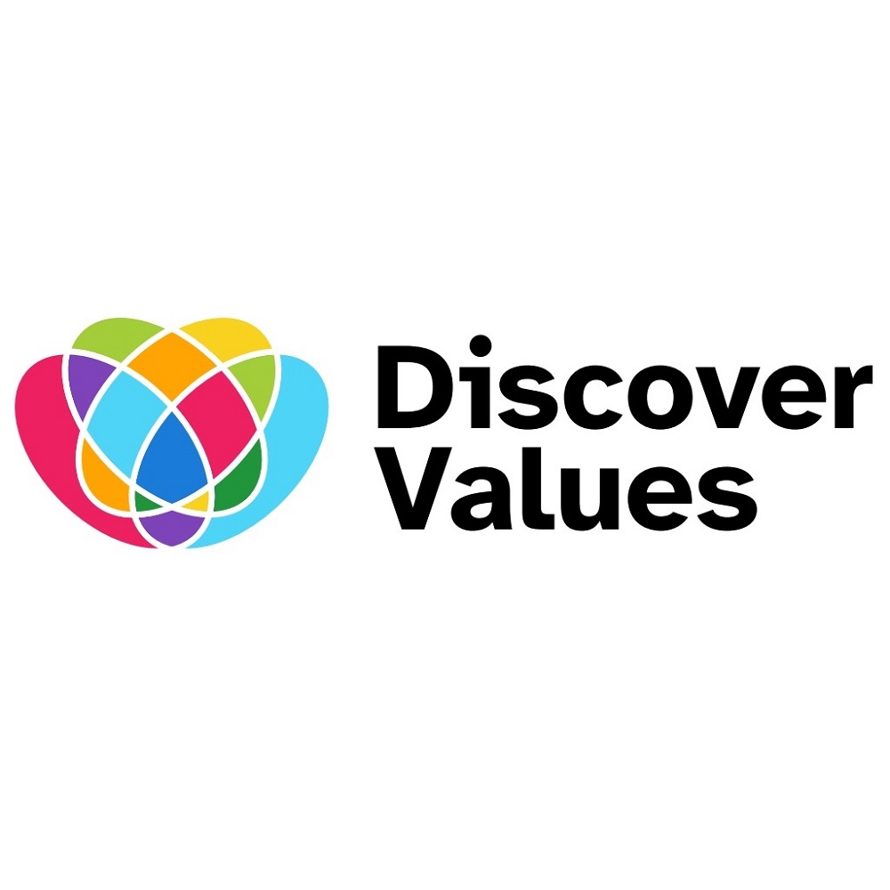 A logo of a flower made up of lots of different shades of blue, pink, orange, green, yellow and purple. The words "Discover Values" are on the right in black text.