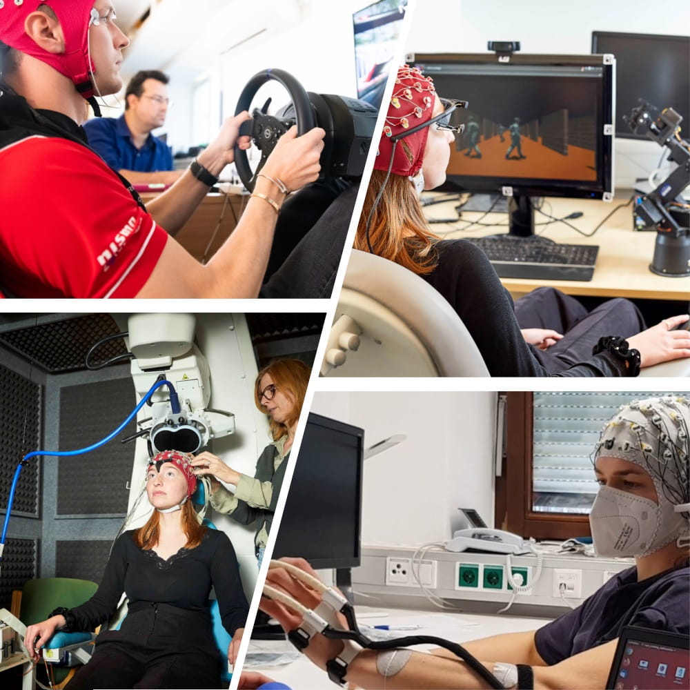A collection of four images. The first a person in an EEG cap sitting at a steering wheel. The second a person wearing an EEG cap and eye-tracking glasses looking at a screen. The third a person wearing an EEG cap and a face mask with a muscle control device on their arm and hand. The fourth a person wearing an EEG cap sitting in a brain scan machine.