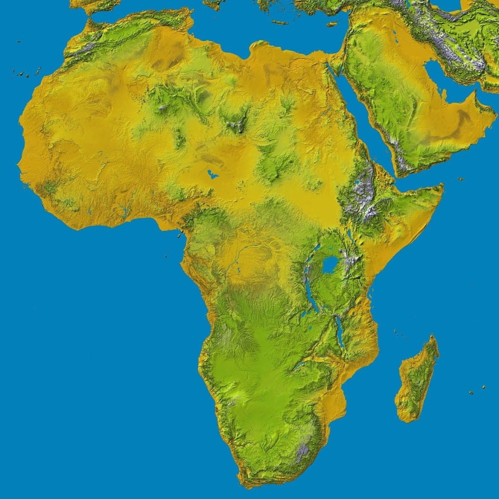 An image of the continent of Africa, showing areas in yellow and green.
