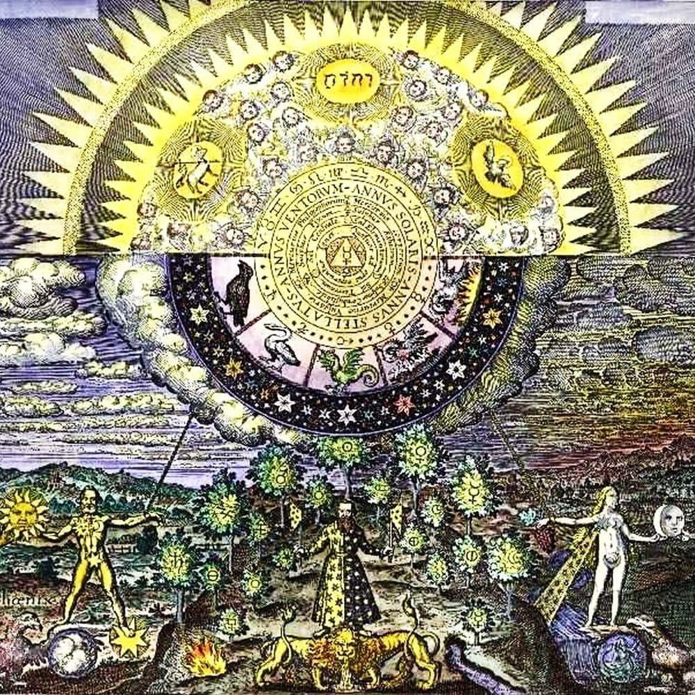 A coloured engraving of a sun and moon, human figures and trees.