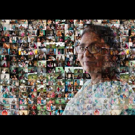 A mosaic of small images of women in India and Bangladesh across a background with a  larger image on the right-hand side of the page of a lady with dark hair and glasses and a white top.