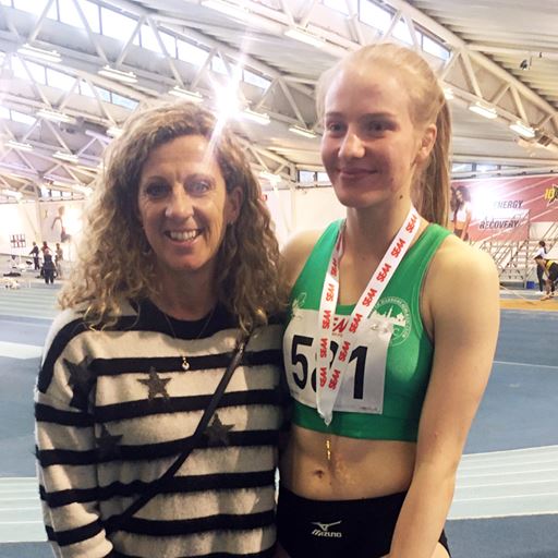Rebecca Jeggo meets Sally Gunnell after winning gold 