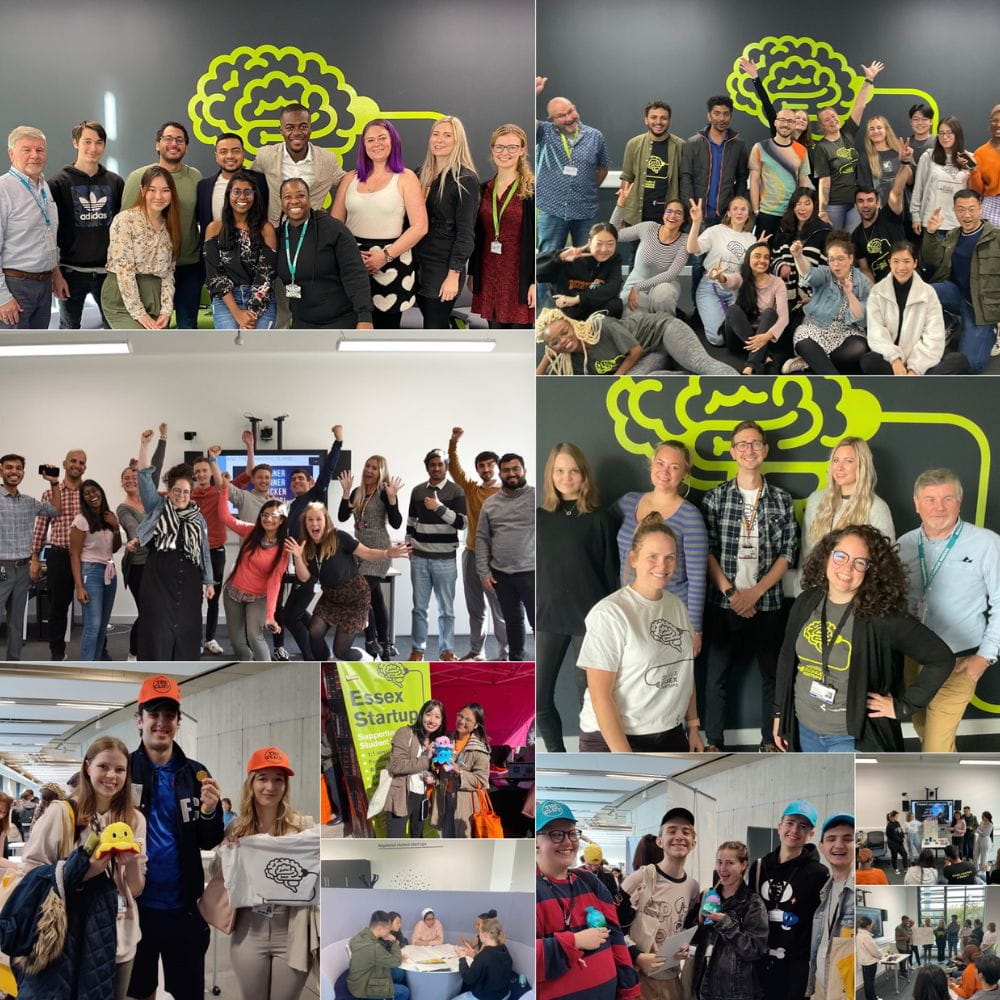 Multiple photos showing students working with Essex Startups