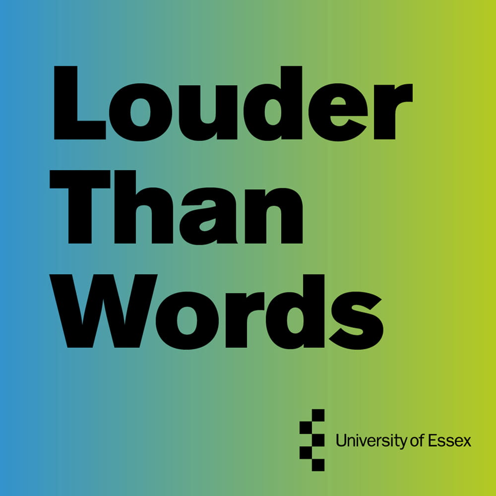 A blue and green background with "Louder than Words" in black text.