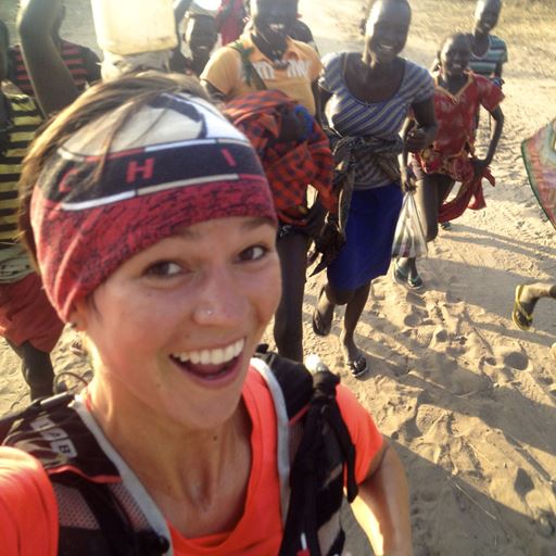 Stephanie Case running in South Sudan with women 