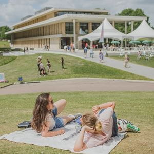 Students on the hill at the University of Essex Colchester Campus