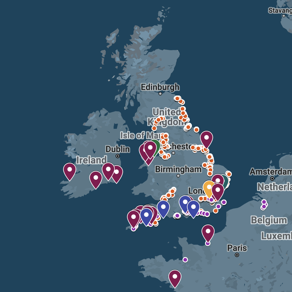 A map of the UK and part of mainland Europe, with multicoloured markers to show places where bass have been found.