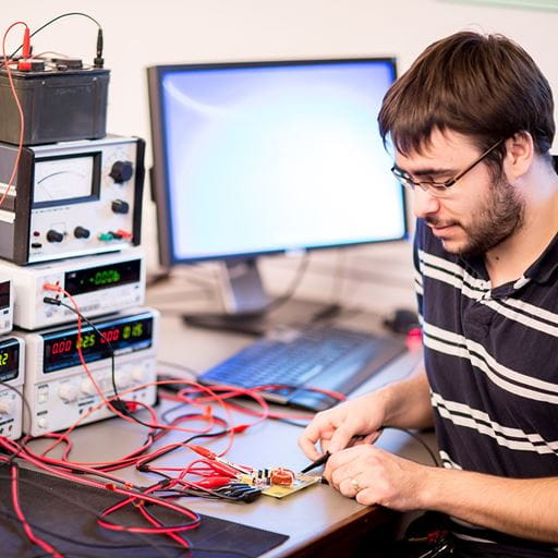 This image is of a male electronic engineering research student in a lab doing some project work.