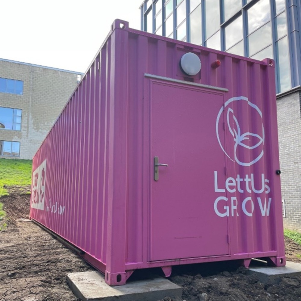 A pink shipping container outside on some grass. A plant symbol and "Let us grow" is painted on the front in white.