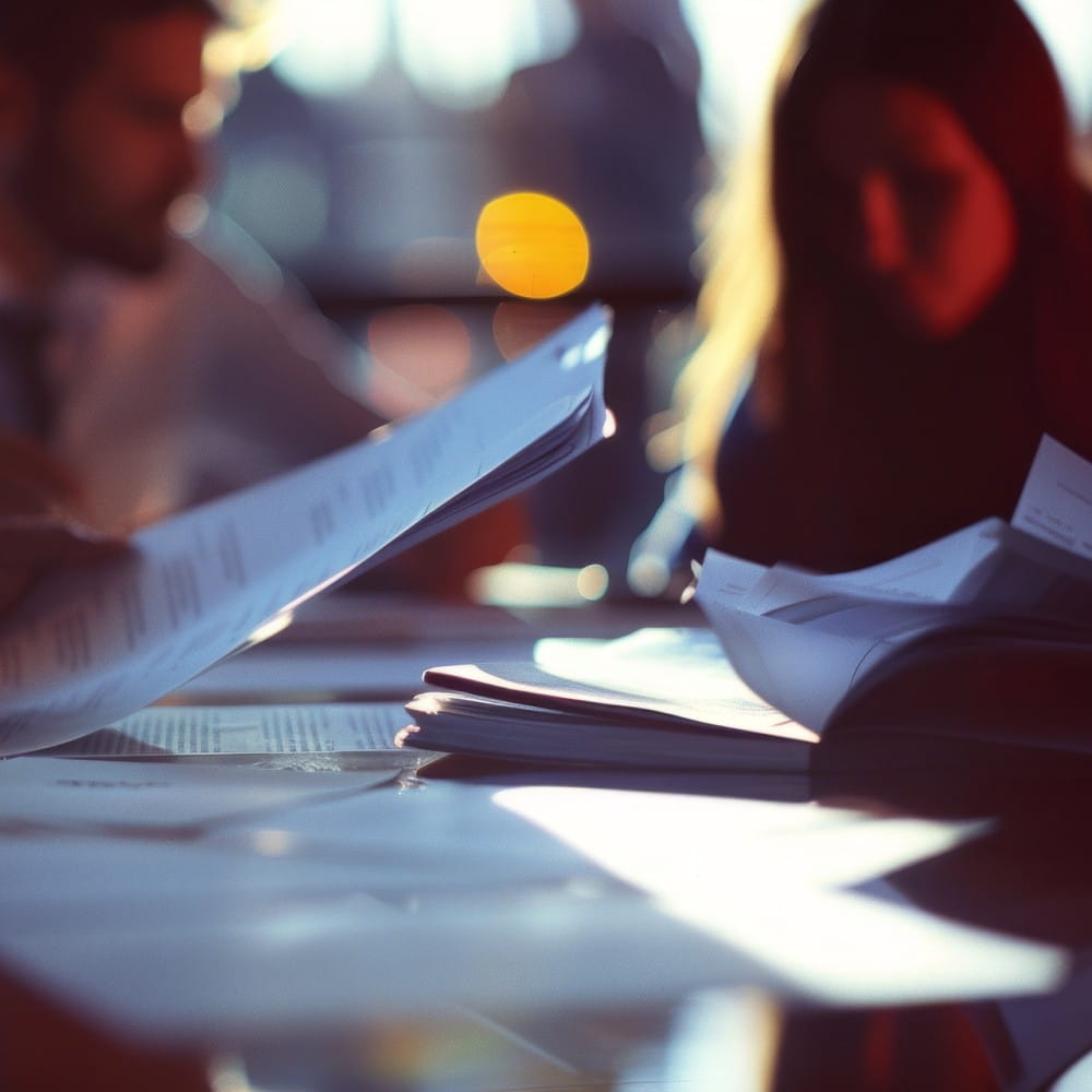 In the foreground is a surface covered in papers. In the background, mostly blurred, are two people looking at more paper.