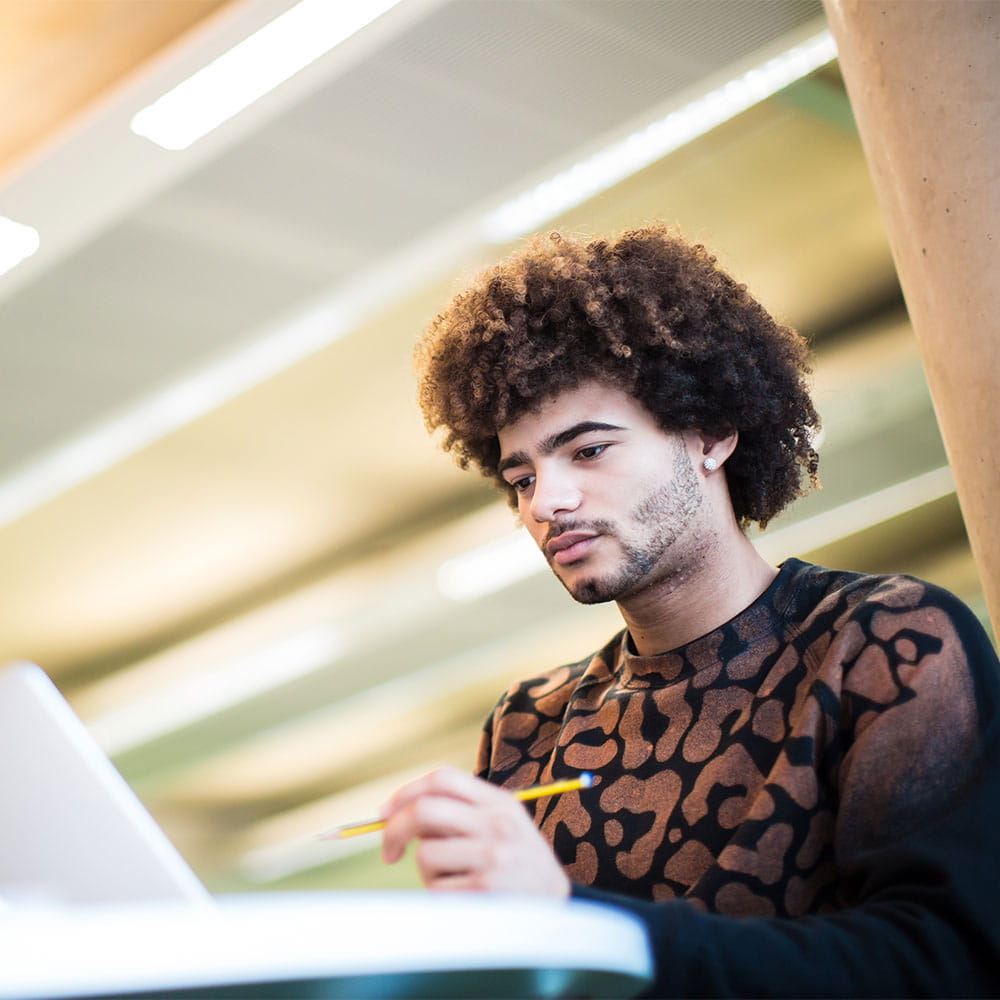 Male student using laptop
