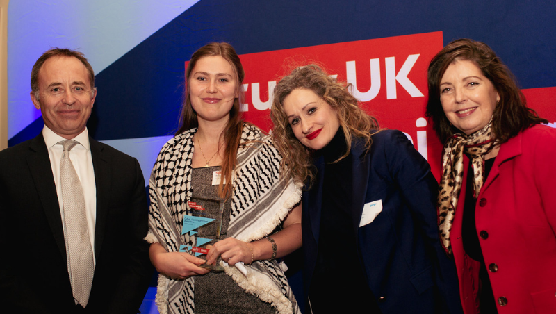 Dr Sofie Qwarnstrom (centre left) with her award at the Study UK Alumni Awards in France