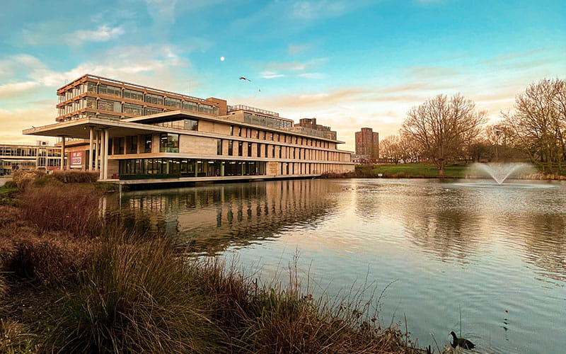 View over the lake, Silberrad centre and library at the university of Essex
