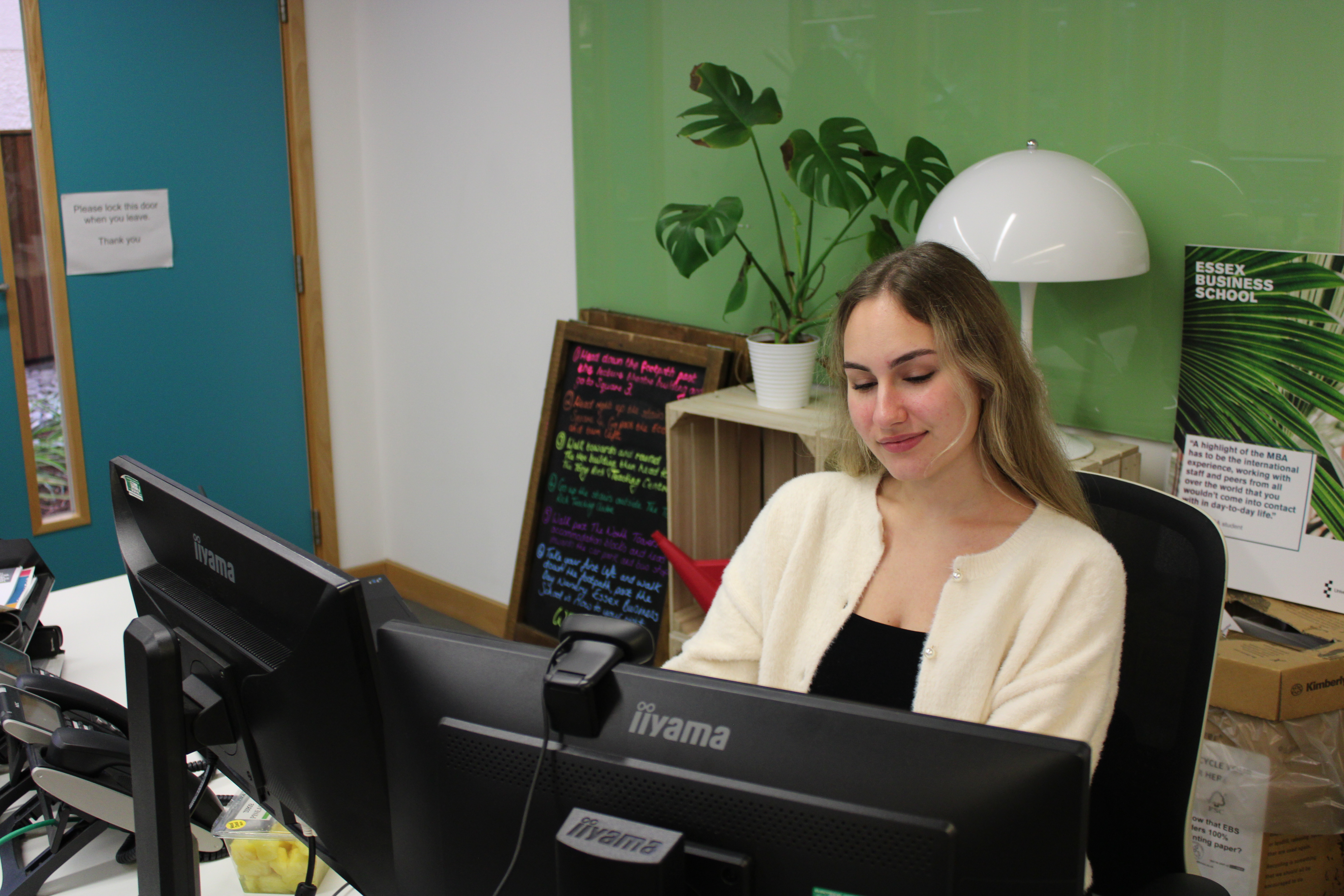 Student Katya working on a computer screen
