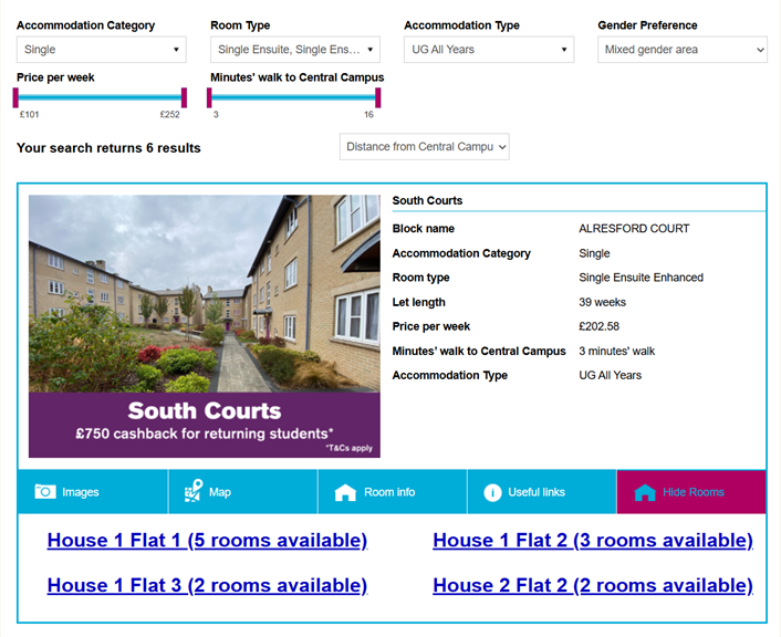 Screenshot from the accommodation application form