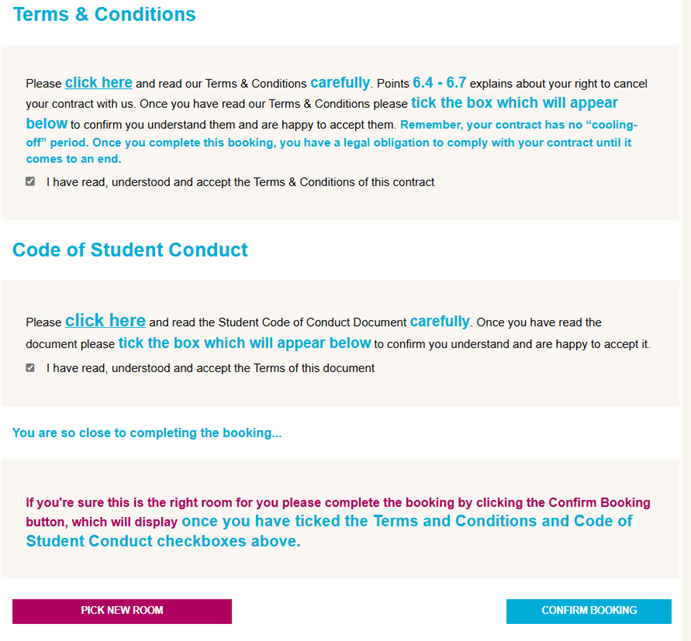 Screenshot from the accommodation application form