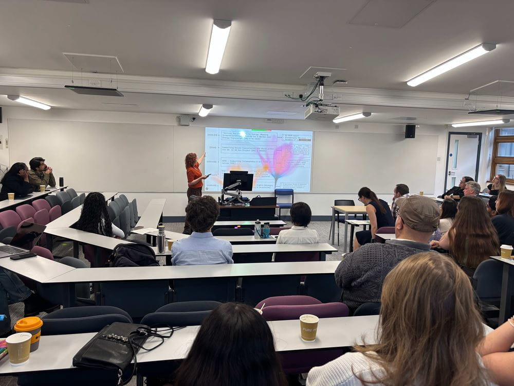 Sian gives a presentation in a seminar room full of staff and students. 